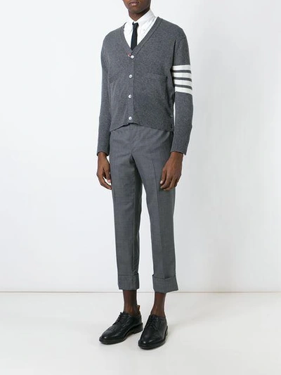 Shop Thom Browne Short V-neck Cardigan With 4-bar Stripe In Medium Grey Cashmere In 038 Grey