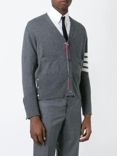 Shop Thom Browne Short V-neck Cardigan With 4-bar Stripe In Medium Grey Cashmere In 038 Grey