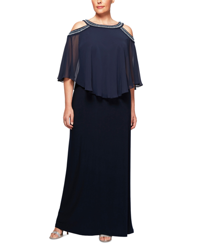 Shop Alex Evenings Plus Size Beaded Cold-shoulder Overlay Gown In Navy