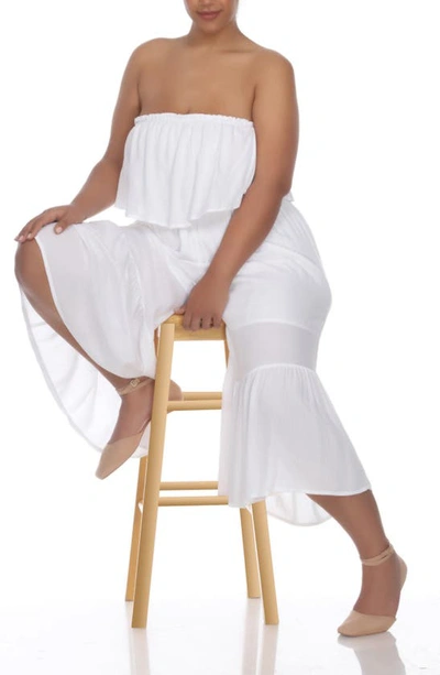Shop Boho Me Ruffle Popover Strapless Jumpsuit In White