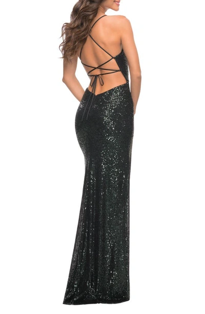 Shop La Femme Ruched Sequin Gown In Emerald