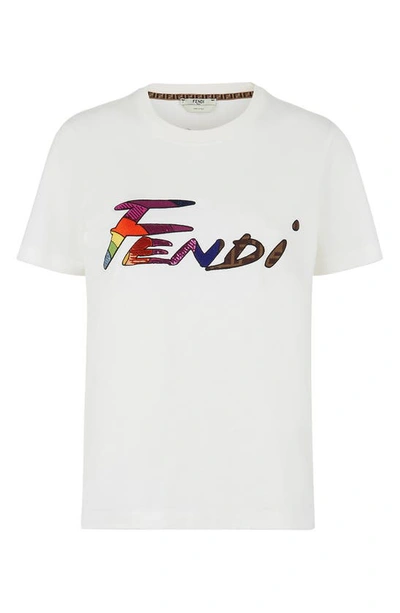 Shop Fendi Brushstroke Font Sequin Logo T-shirt In White