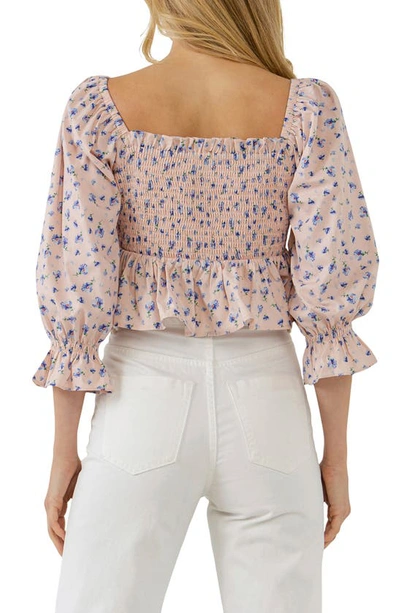 English Factory Floral Smocked Puff-sleeve Peplum Top In Blush