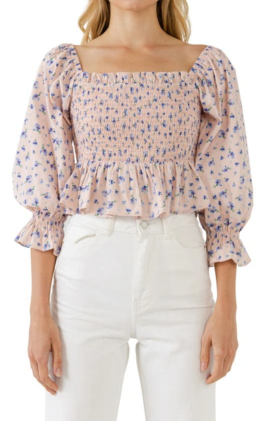 English Factory Floral Smocked Puff-sleeve Peplum Top In Blush