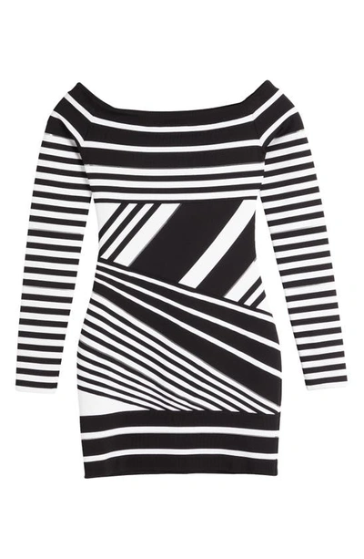 Shop Balmain Stripe Off The Shoulder Long Sleeve Minidress In Eab Noir Blanc Eab