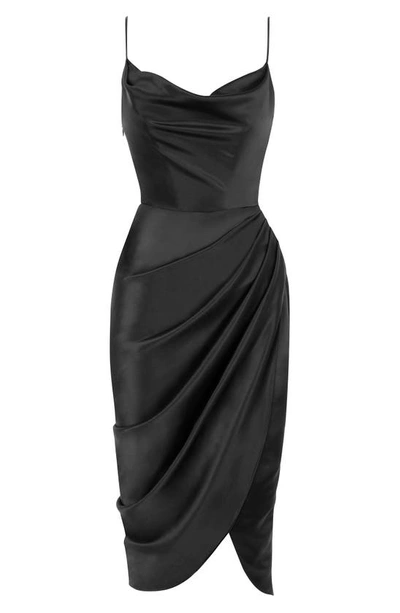 House Of Cb Reva Satin Gathered Corset Dress In Black