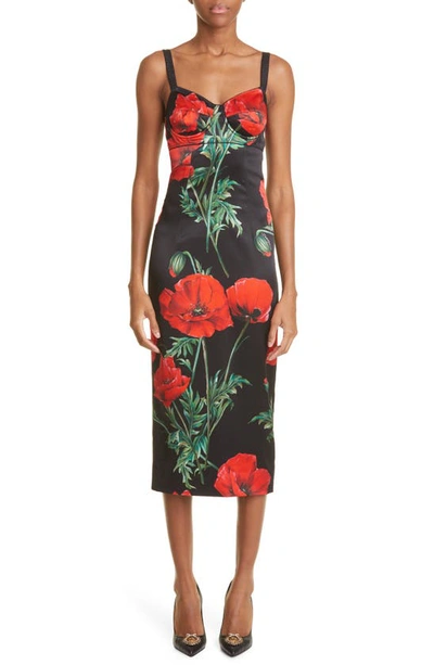 Shop Dolce & Gabbana Poppy Print Bustier Sheath Dress In Nero
