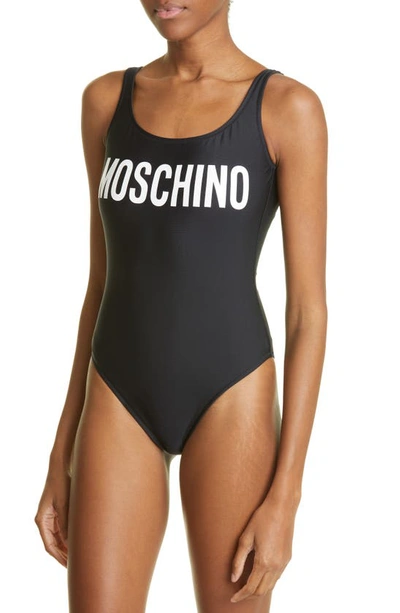 Shop Moschino Logo One-piece Swimsuit In Fantasy Print Black