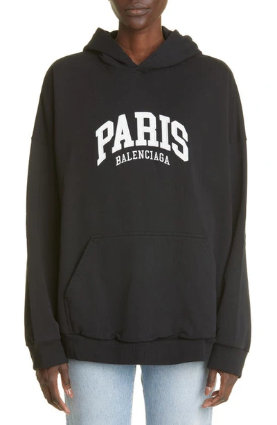 Shop Balenciaga Paris Oversize Cotton Hoodie In Black/ White