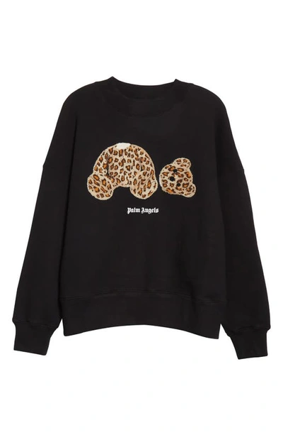 Shop Palm Angels Leopard Bear Patch Cotton Logo Sweatshirt In Black Brown