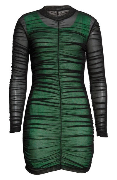 Shop Alexander Wang Double Layer Long Sleeve Stretch Mesh Minidress In Black/ Iguana