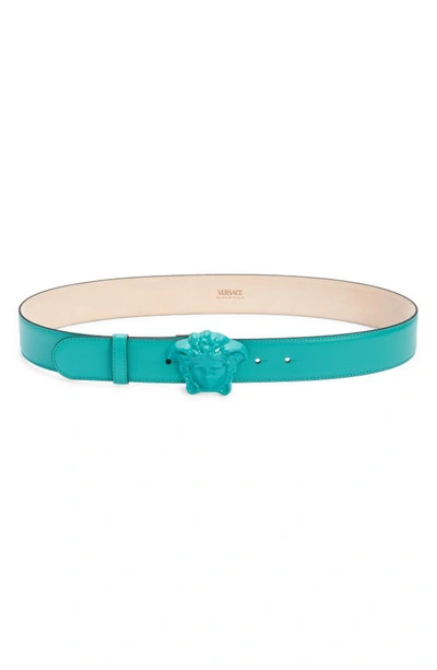 Shop Versace Medusa Head Leather Belt In Turquoise- Gold