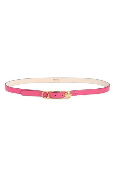 Shop Versace Safety Pin Leather Belt In Cerise- Gold