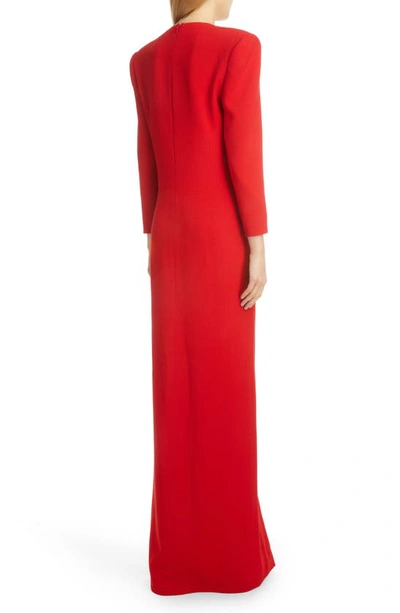 Shop Saint Laurent Plunge Neck Long Sleeve Crepe Satin Column Gown In Rouge