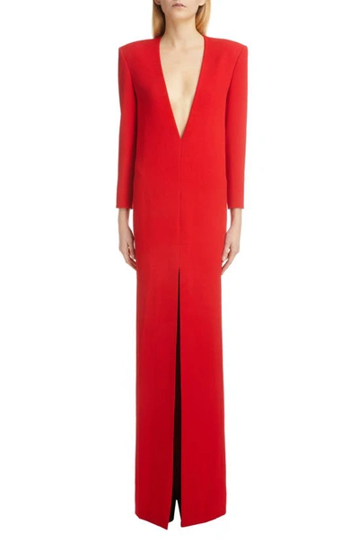 Shop Saint Laurent Plunge Neck Long Sleeve Crepe Satin Column Gown In Rouge