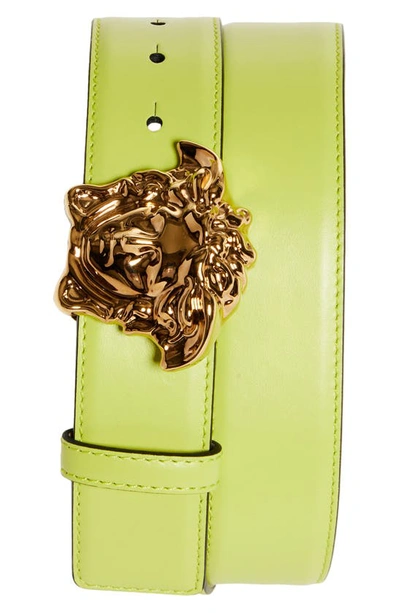 Shop Versace Medusa Head Leather Belt In Citron/ Gold
