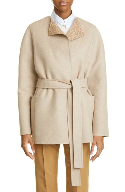 Ennis Tb Monogram Detail Wool & Cashmere Wrap Jacket In Soft Fawn Ip Pttn