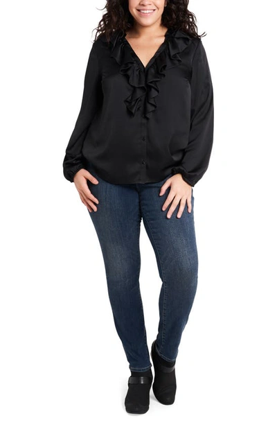 1.state Ruffle Neck Button-front Blouse In Rich Black