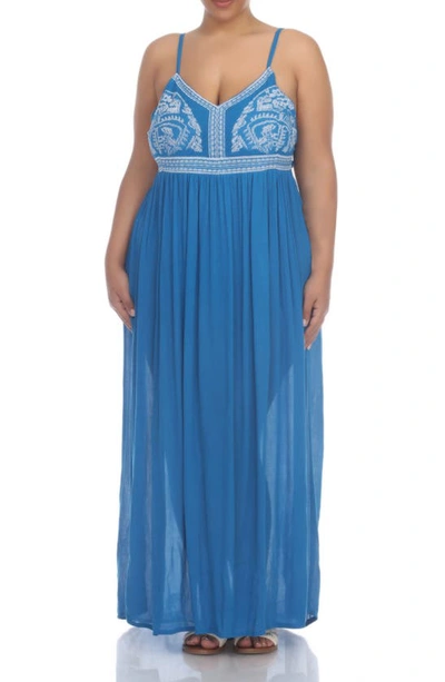 Shop Boho Me V-neck Spaghetti Strap Embroidered Maxi Dress In Turquoise