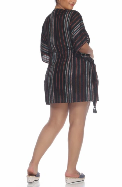 Boho Me Short Front Tie Front Kimono In Black Stripe