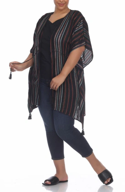 Boho Me Short Front Tie Front Kimono In Black Stripe