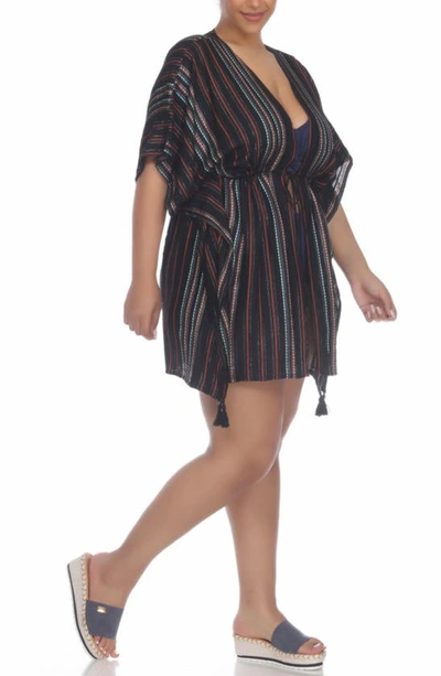 Boho Me Short Front Tie Front Kimono In Black Stripe