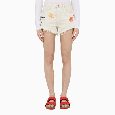 Shop Alanui White Denim Shorts With Embroideries