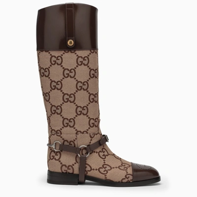 Shop Gucci Gg Fabric And Brown Leather High Boots