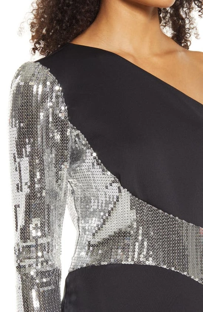 Shop Sho By Tadashi Shoji Sequin One-shoulder Scuba Dress In Black/ Platinum