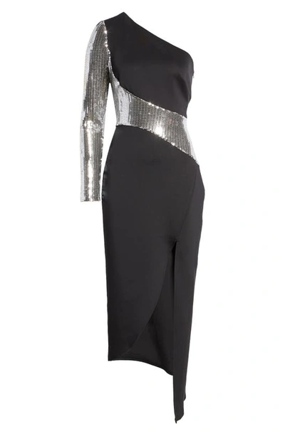 Shop Sho By Tadashi Shoji Sequin One-shoulder Scuba Dress In Black/ Platinum