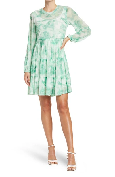 Love By Design Catherine Long Sleeve Mesh Babydoll Dress In Sage Tie Dye