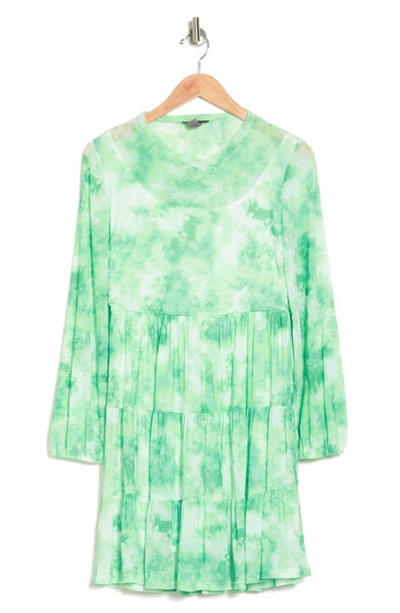 Love By Design Catherine Long Sleeve Mesh Babydoll Dress In Sage Tie Dye
