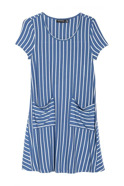 Shop Nina Leonard Striped Jewel Neck Pocket Knit Dress In Blue/ivory