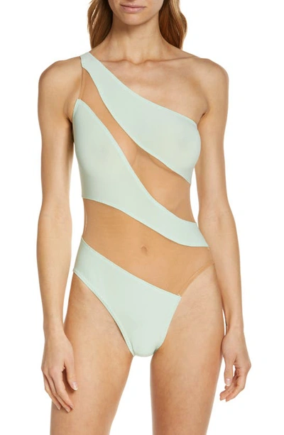 Shop Norma Kamali Snake Mesh One-shoulder Swimsuit In Green