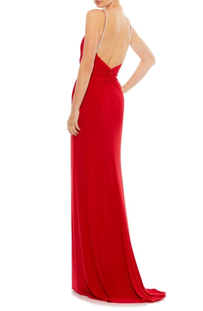 Shop Mac Duggal Crystal Strap Ruched Jersey Gown In Red