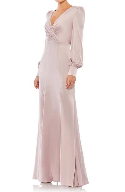 Shop Mac Duggal Empire Long Sleeve Satin Trumpet Gown In Rose Pink