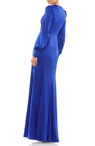 Shop Mac Duggal Empire Long Sleeve Satin Trumpet Gown In Royal