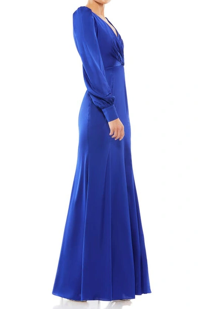 Shop Mac Duggal Empire Long Sleeve Satin Trumpet Gown In Royal