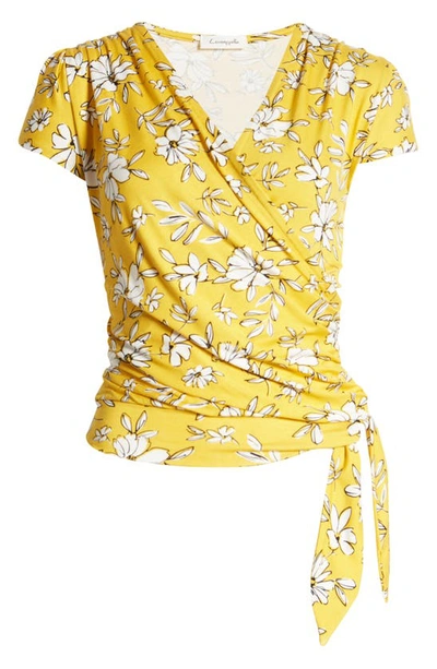 Loveappella Floral Print Faux Wrap Top In Sunflower