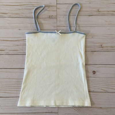 Pre-owned Brandy Melville Womens White Ribbed Tank Top Blue Trim Bow One  Size