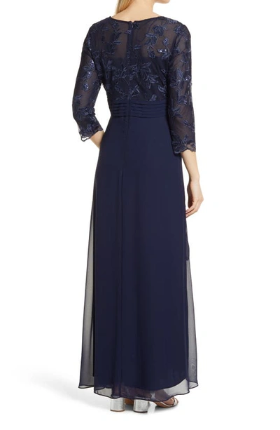Alex Evenings Sequin Embroidered Bodice Empire Waist Gown In Navy