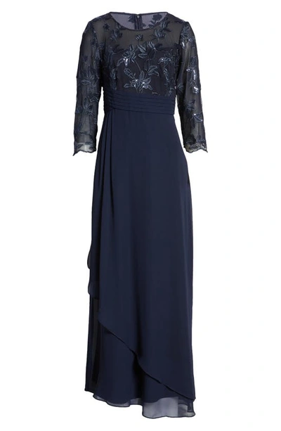 Alex Evenings Sequin Embroidered Bodice Empire Waist Gown In Navy