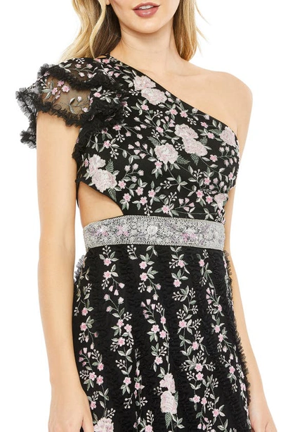 Shop Mac Duggal Floral Embroidered One-shoulder Gown In Black Multi