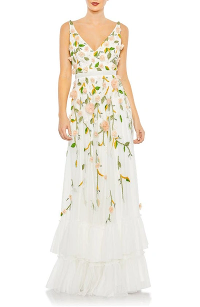 Shop Mac Duggal Floral Embellished & Embroidered Gown In White Multi