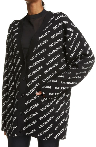 Shop Balenciaga Mini Logo Jacquard Oversize Cardigan In Black/ White