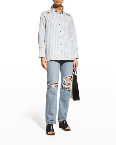 Shop Ganni Organic Striped Button-front Cut-out Shirt In Forever Blue