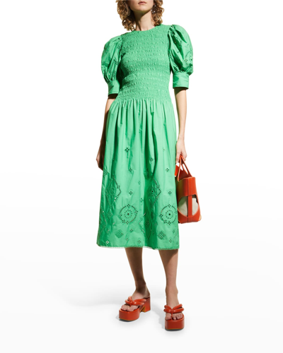 Shop Ganni Broderie Anglaise Smocked Maxi Dress In Kelly Green
