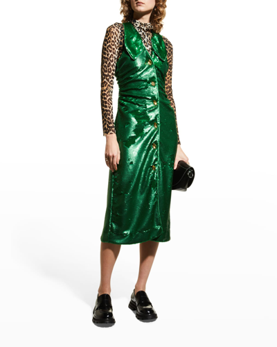 Shop Ganni Sequined Button-front Collared Midi Dress In Kelly Green