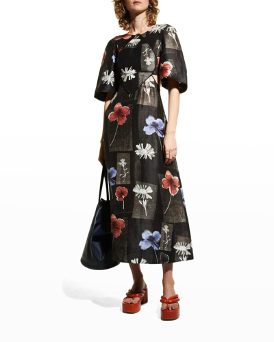 Shop Ganni Linen Floral Cut-out A-line Midi Dress In Flowers Black