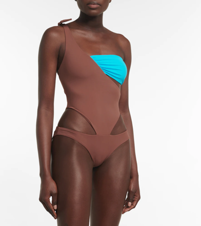 Nensi Dojaka One-shoulder Swimsuit In Brown Blue